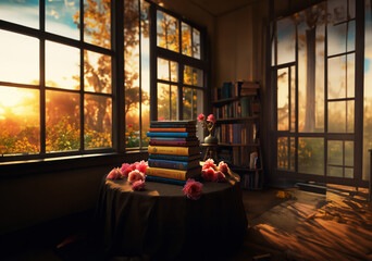 A scholar's sanctuary formed by "volumes stacked on the table".