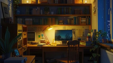Calm lofi desk, interior. A cold winter evening. A messy cozy place in the style of lo-fi, anime, manga. An empty study room with chill vibes. A relaxed colorful place. 4k wallpaer, background.