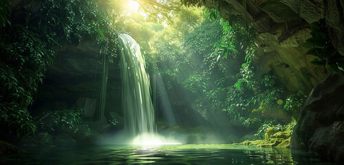 An expansive view of a tranquil waterfall flowing through a verdant rainforest. Sunlight filters...
