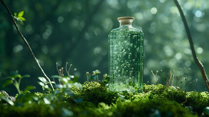 A bottle of green color skincare, placed in front of moss and branches. The background is dark green, with a sense of space and texture. - obrazy, fototapety, plakaty