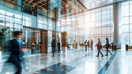 Busy Professionals Walking in Modern Office Building Lobby