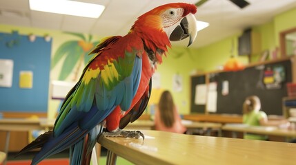 Parrot on a perch in a classroom, close-up, vibrant colors, detailed feather texture, natural lighting  - obrazy, fototapety, plakaty