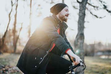 A man enjoys a relaxed bicycle ride in the park, surrounded by trees and bathed in the warm...