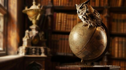 Owl perched on an old globe, close-up, detailed textures, warm library lighting, scholarly atmosphere  - obrazy, fototapety, plakaty