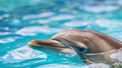 Naklejka premium Dolphin during a training session, close-up of the face above water, crisp lighting, clear blue background 