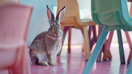Rabbit in a kindergarten, sitting among small chairs, close-up, soft focus, pastel environment 