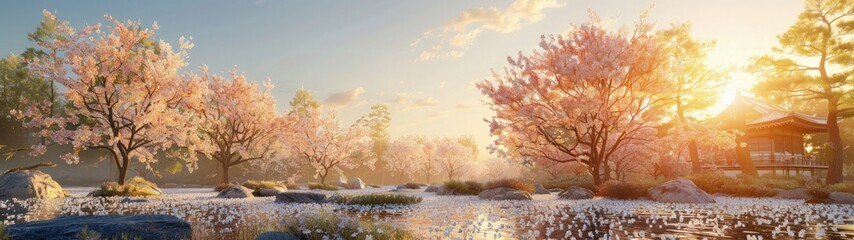 View of the land of cherry blossoms. Travel background.