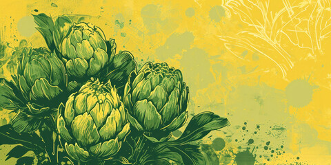 Vibrant Still Life Painting of Artichokes with Splotches on Yellow and Green Background