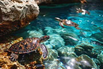 Newborn turtles swim in clear sea water.
