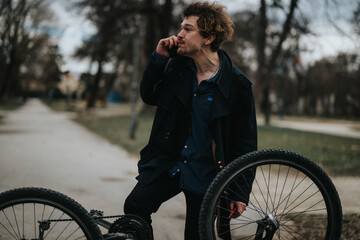 A young male entrepreneur is multitasking by fixing his bicycle while talking on the phone in a...