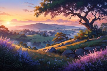 Beautiful anime wallpaper of a calm sunset landscape, featuring trees, mountains, mist, grass, and flowers - obrazy, fototapety, plakaty