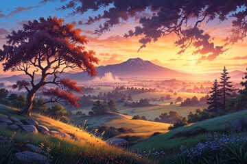 Beautiful anime wallpaper of a calm sunset landscape, featuring trees, mountains, mist, grass, and flowers - obrazy, fototapety, plakaty