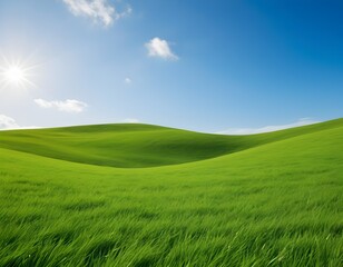 Obraz premium Vibrant green fields with minimalist sky, environmental background. AI Illustration