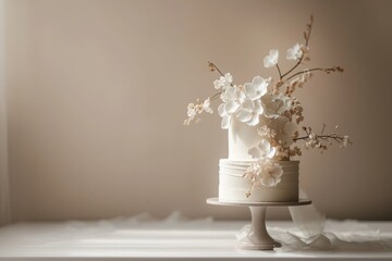 Beautiful white cake decorated with white flowers on a stand. Concept for celebrating birthday, anniversary, wedding.
