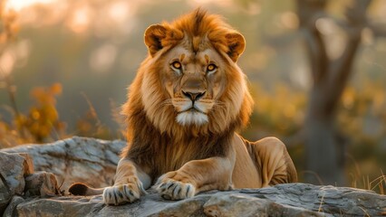 Obraz premium Majestic lion with golden fur sharp claws and fierce eyes on rock at sunrise. Concept Wildlife Photography, Majestic Lion, Golden Fur, Sharp Claws, Fierce Eyes, Sunrise Shot