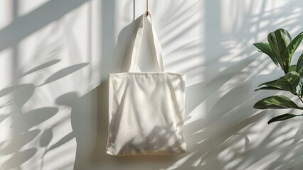 Minimalist white eco tote bag mockup with sleek design hanging. Concept Product Mockup, Minimalist Design, Eco-Friendly, Tote Bag, White Bag