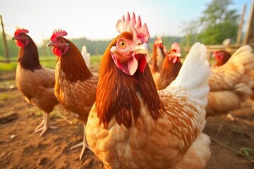 Fototapeta premium Chickens on a chicken farm grazing outdoors, domestic animal husbandry concept 