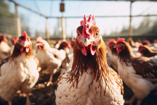 Chickens on a chicken farm grazing outdoors, domestic animal husbandry concept
