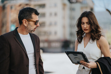 Two business professionals engaged in a collaborative discussion over a digital tablet in an urban outdoor area.