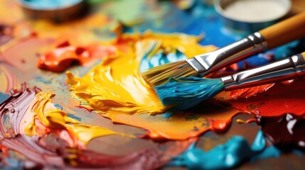 Obraz premium Oil paints and brushes on table mixing