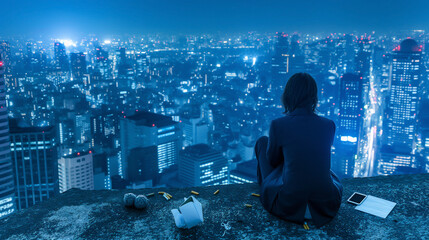 Depressed young Japanese businesswoman in a rumpled suit sits alone on the edge of a high cliff...