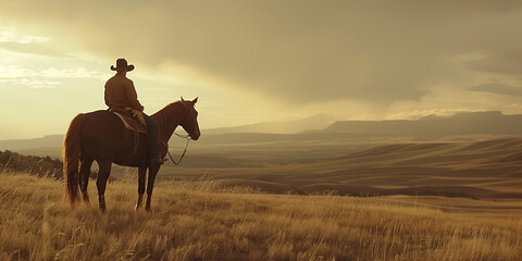Wild West concept. Full length portrait of a cowboy riding his bay horse. Vast view to prairie with mountains. Evening time. Text space. Cinematic retro, vintage style.  Outdoor shot