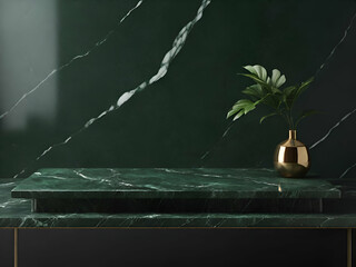Green marble empty pedestal on marble background for displaying luxury background products.