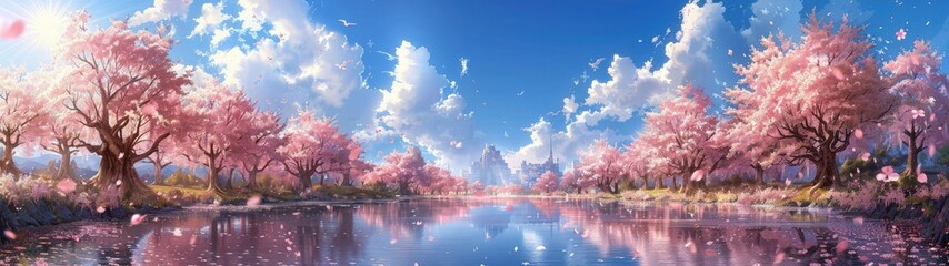 A picturesque scene of cherry blossoms lining a tranquil riverbank