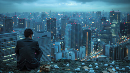 Depressed Japanese businessman in a rumpled suit sits alone on the edge of a high cliff overlooking the sprawling Tokyo cityscape at night