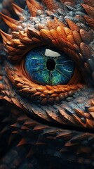 Peek into a Dragons introspection in CG 3D rendering, from a unique worms-eye angle Portray its power and majesty with intricate scales and hypnotic eyes - obrazy, fototapety, plakaty