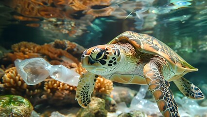 Fototapeta premium Turtle swimming near plastic bag underscores the battle against ocean pollution. Concept Ocean Pollution, Plastic Waste, Marine Life, Environmental Conservation, Wildlife Protection