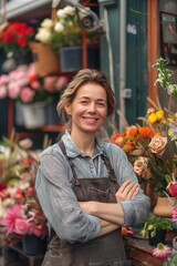 Woman florist businesswoman proudly stands in front of her floral shop