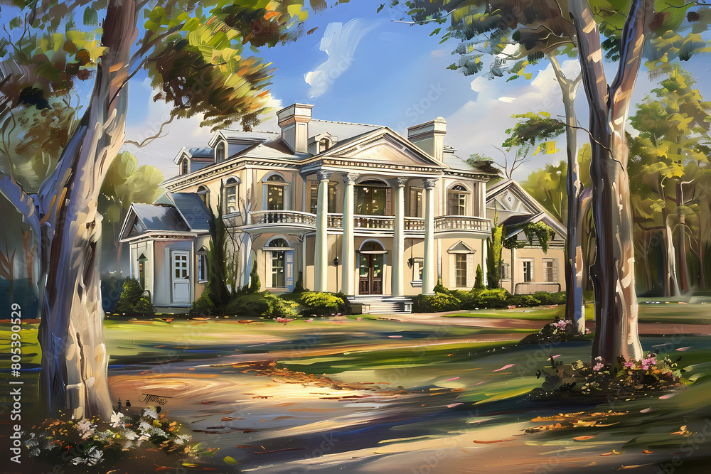 Wall mural Neoclassical Revival Style House (Oil Painting) - United States in the late 19th and early 20th century, characterized by a symmetrical design with columns, pediments, and a central front door