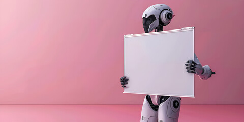 A robot holding a blank sign in the middle pink background