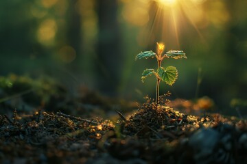 Young green tree in the rays of the setting sun, environmental protection and eco system