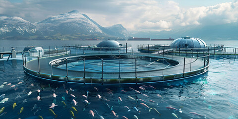 A bustling fish farm in the ocean with numerous fish swimming around in the water