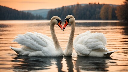 two beautiful swans on a lake shape heart with their long necks and kiss each other. romantic postal card. pc desktop wallpaper background. 169, 4k. Generative AI