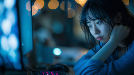 depressed,sadness,programmer Woman  hunched over a messy desk in a dimly lit cubicle farm behind a Large monitor 