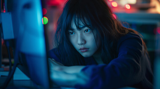 depressed,sadness,programmer Woman  hunched over a messy desk in a dimly lit cubicle farm behind a Large monitor 