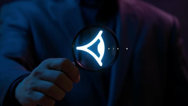 Vision of business concept. Corporate communications to specify policy and business direction. Businessman holding magnifying glass focus on animation of eye icon with text VISION.