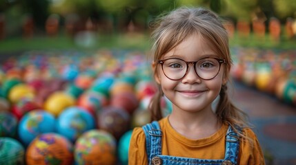 Portrait of a toddler girl with glasses lying on colorful building blocks.