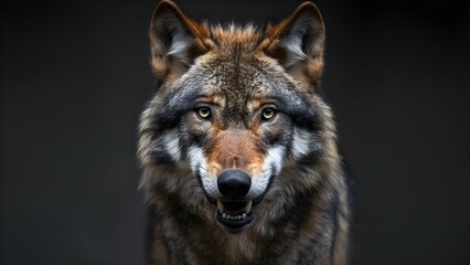 Fototapeta premium Intense wolf making direct eye contact with open mouth on isolated background. Concept Wildlife Photography, Wolf Portraits, Animal Behavior, Predatory Gaze, Intense Expressions