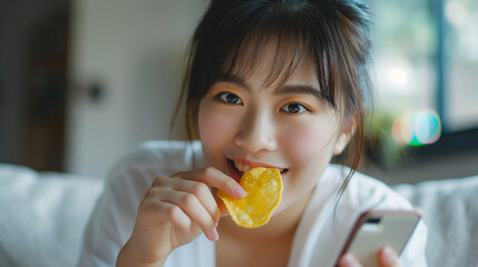 Asian woman in happy and confident, wearing a white dress, sitting on the sofa in her living room and enjoy her potato chip while playing smartphone