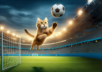 Eine Katze in einem Stadion springt in die Luft und versucht, den Fußball zu fangen