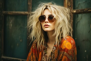 Chic Stylish hippie sunglasses. Happy woman. Generate Ai