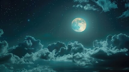 Captivating full moon illuminating clouds and stars in night sky, sky with moon and clouds