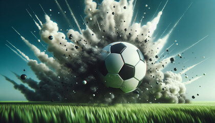 Fußball auf einem Rasen, der explosionsartig aufkommt