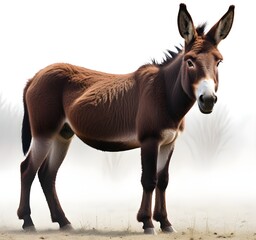 A donkey standing in a field, with large ears and a friendly expression