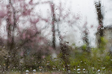 Water drops on window glass. Abstract background.The small depth of field.