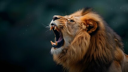 Fierce male lion roaring with open mouth against dark background. Concept Wildlife Photography, Lion Roar, Intense Moment, Dark Background, Majestic Animal